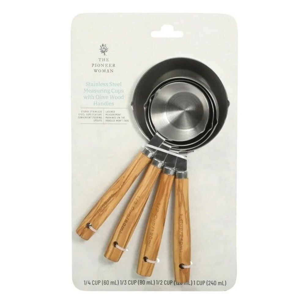Pioneer Woman Stainless Steel Measuring Cups with Olivewood Handles 4Pcs New